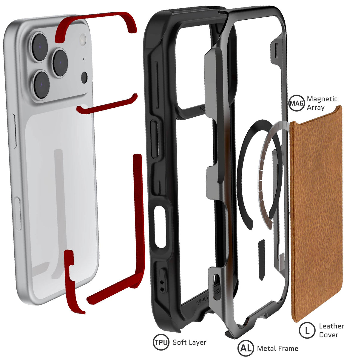 iPhone 18 Pro Case Gunmetal Brown Leather MagSafe Aluminum Metal Bumper Clear Protective Phone Cover