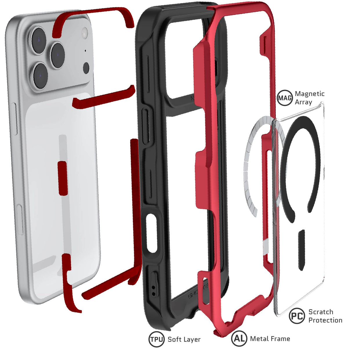 Apple iPhone 18 Pro Max Case Clear Red Metal Aluminum MagSafe Protective Phone Cover