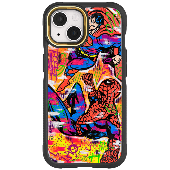 Apple iPhone 15 Plus Spiderman vs Superman Spraypaint Artist Artwork Protective Phone Case