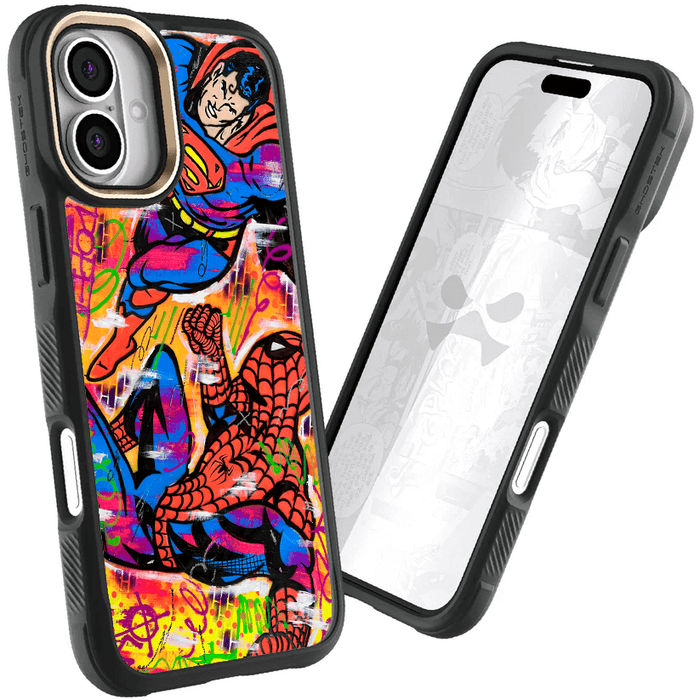 iPhone 16 Plus Spiderman vs Superman Spraypaint Artist Artwork Protective Phone Case