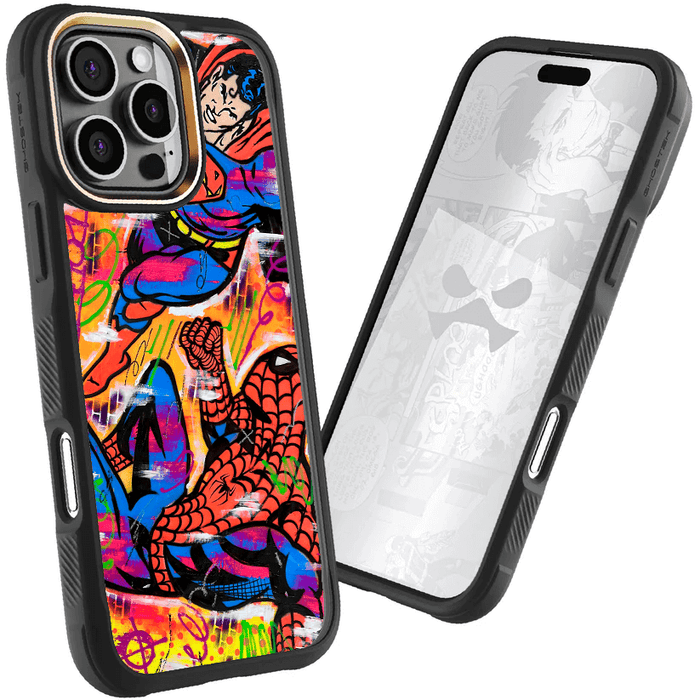 iPhone 16 Pro Max Spiderman vs Superman Spraypaint Artist Artwork Protective Phone Case