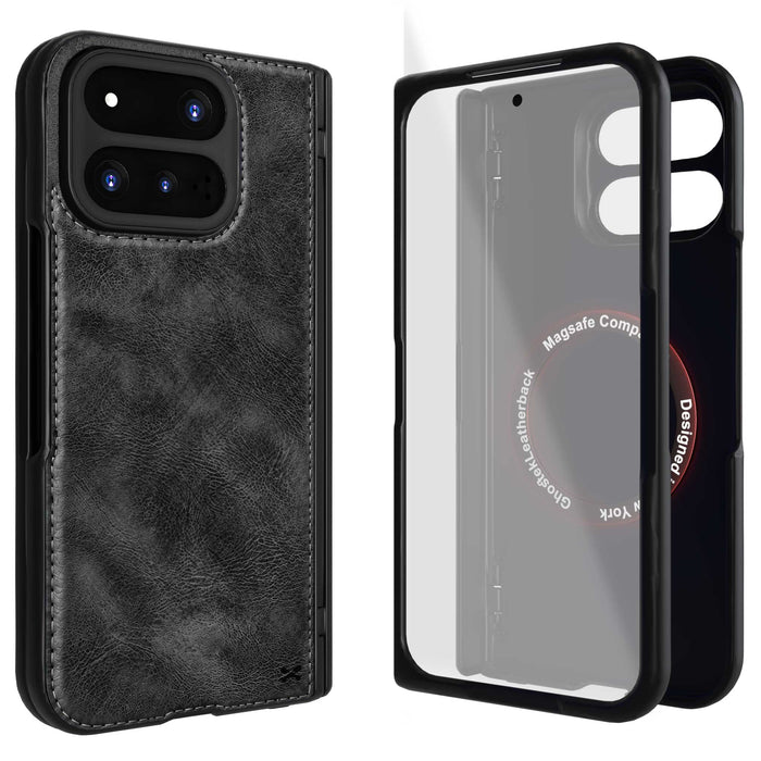 Pixel 11 Pro Fold Black Leather Case with MagSafe, Hinge Cover and Screen Protector Magnetic
