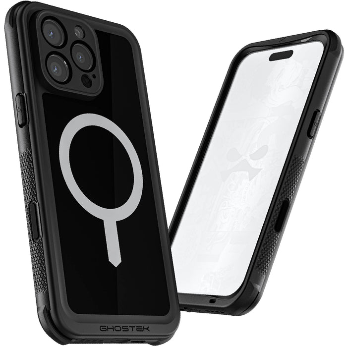 Waterproof iPhone 16 Pro Max Protective MagSafe Phone Case with Holster Belt Clip Screen Camera Lens Protector Underwater Magnetic Black